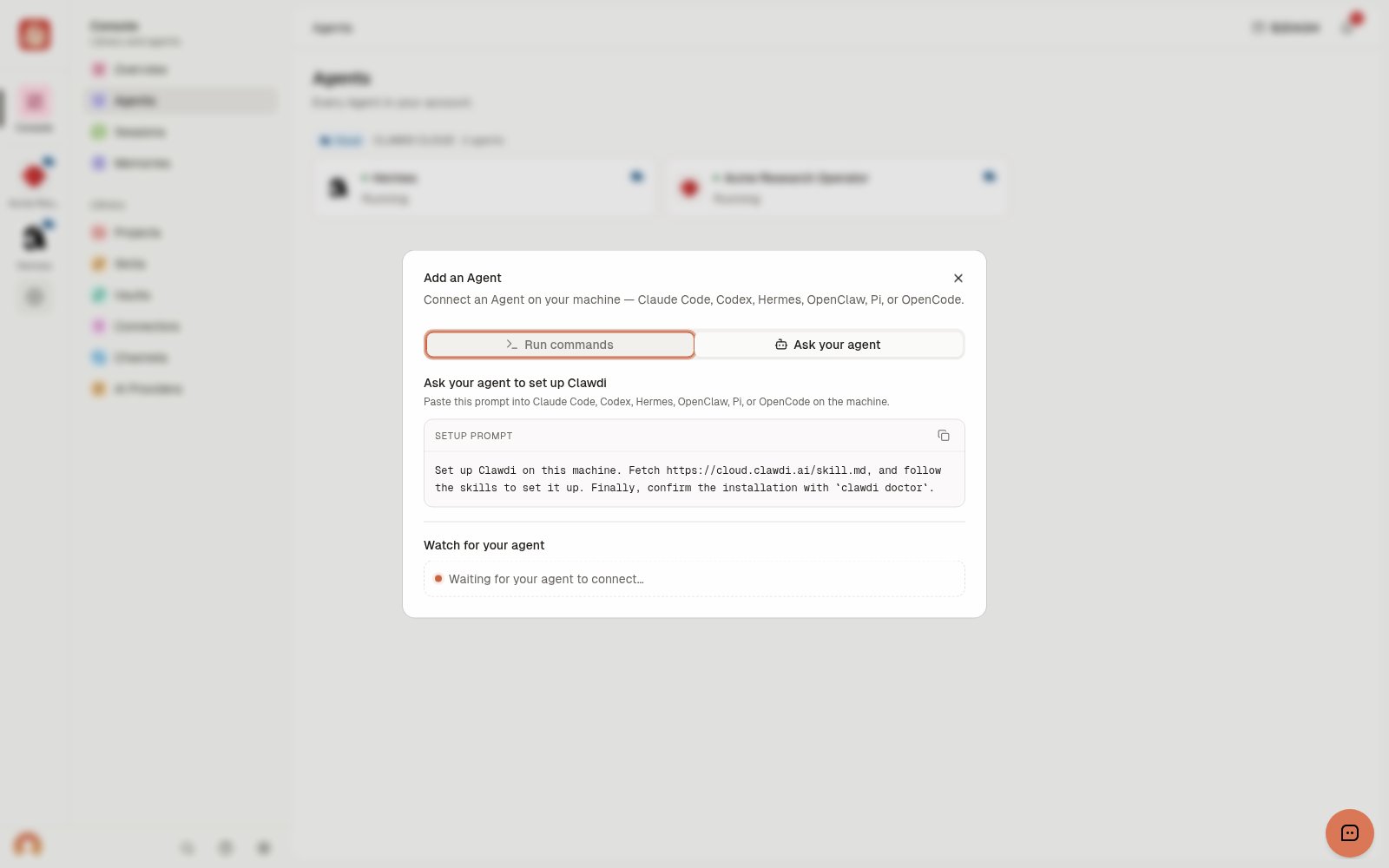 Ask your agent setup tab with a copyable prompt and waiting-for-connection state.