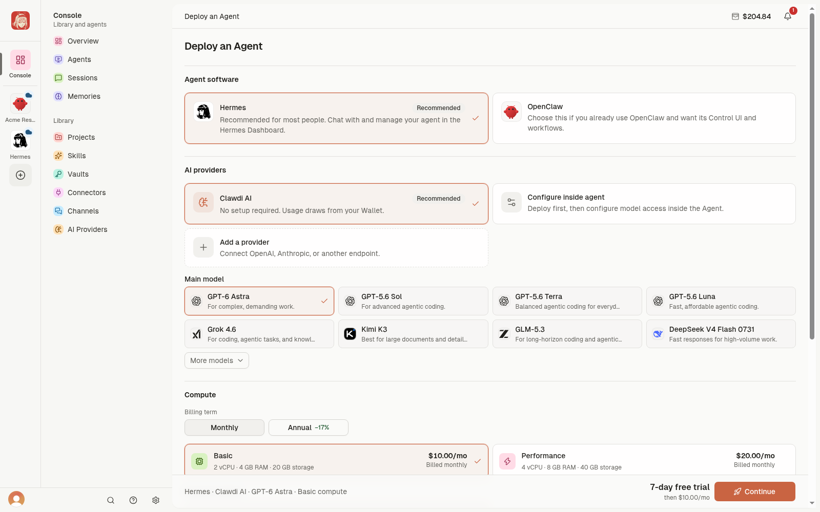 Deploy an Agent with software, AI access, model, and compute choices.