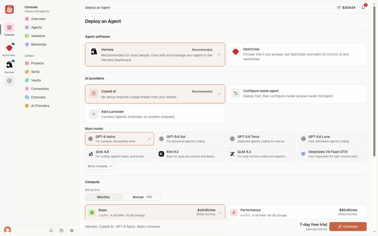 Deploy an Agent with software, AI access, model, and compute choices.