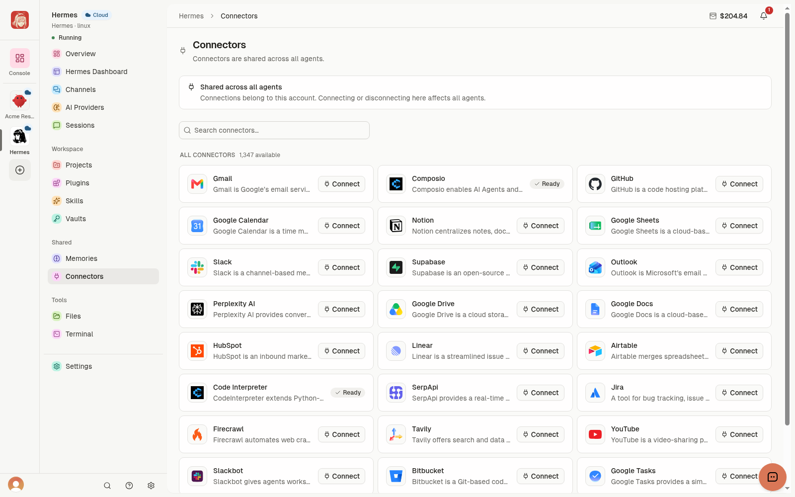 Shared Connectors catalog with Connect actions and Ready toolkits.