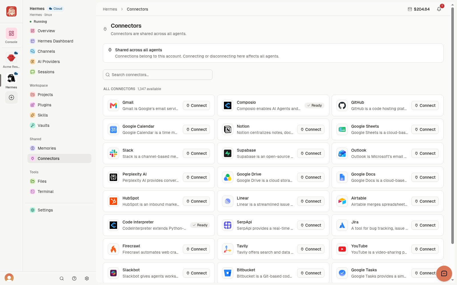 Shared Connectors catalog with Connect actions and Ready toolkits.