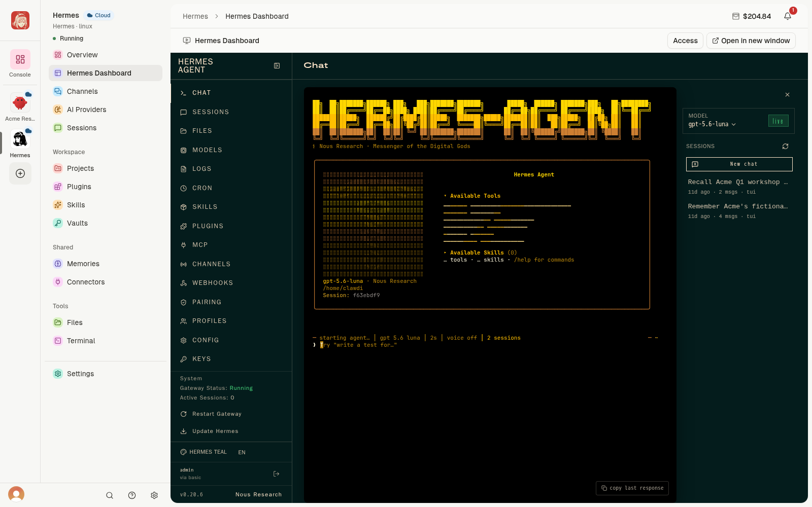 Hermes Dashboard loaded inside Clawdi with its Chat start screen and New chat control.