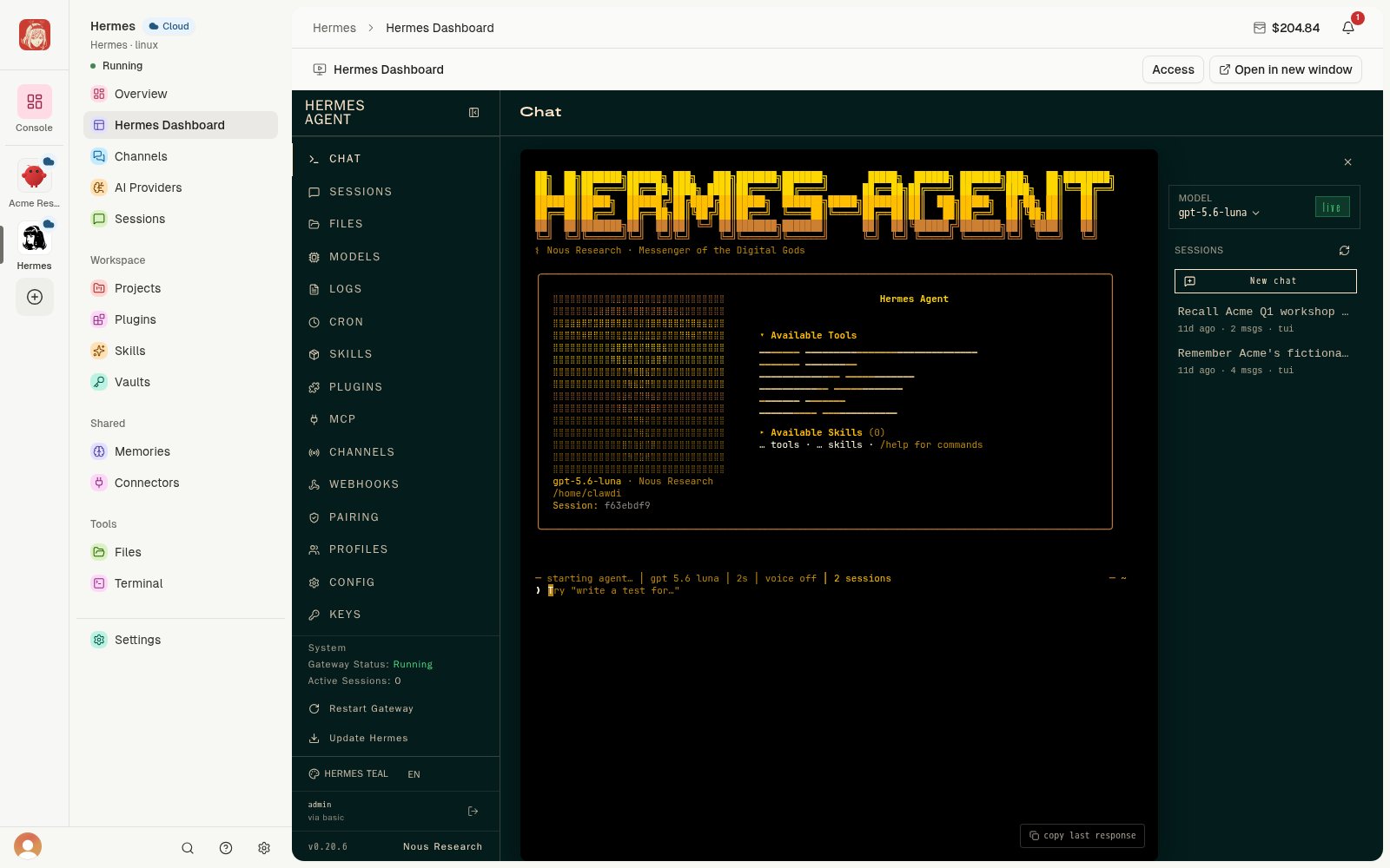 Hermes Dashboard loaded inside Clawdi with its Chat start screen and New chat control.