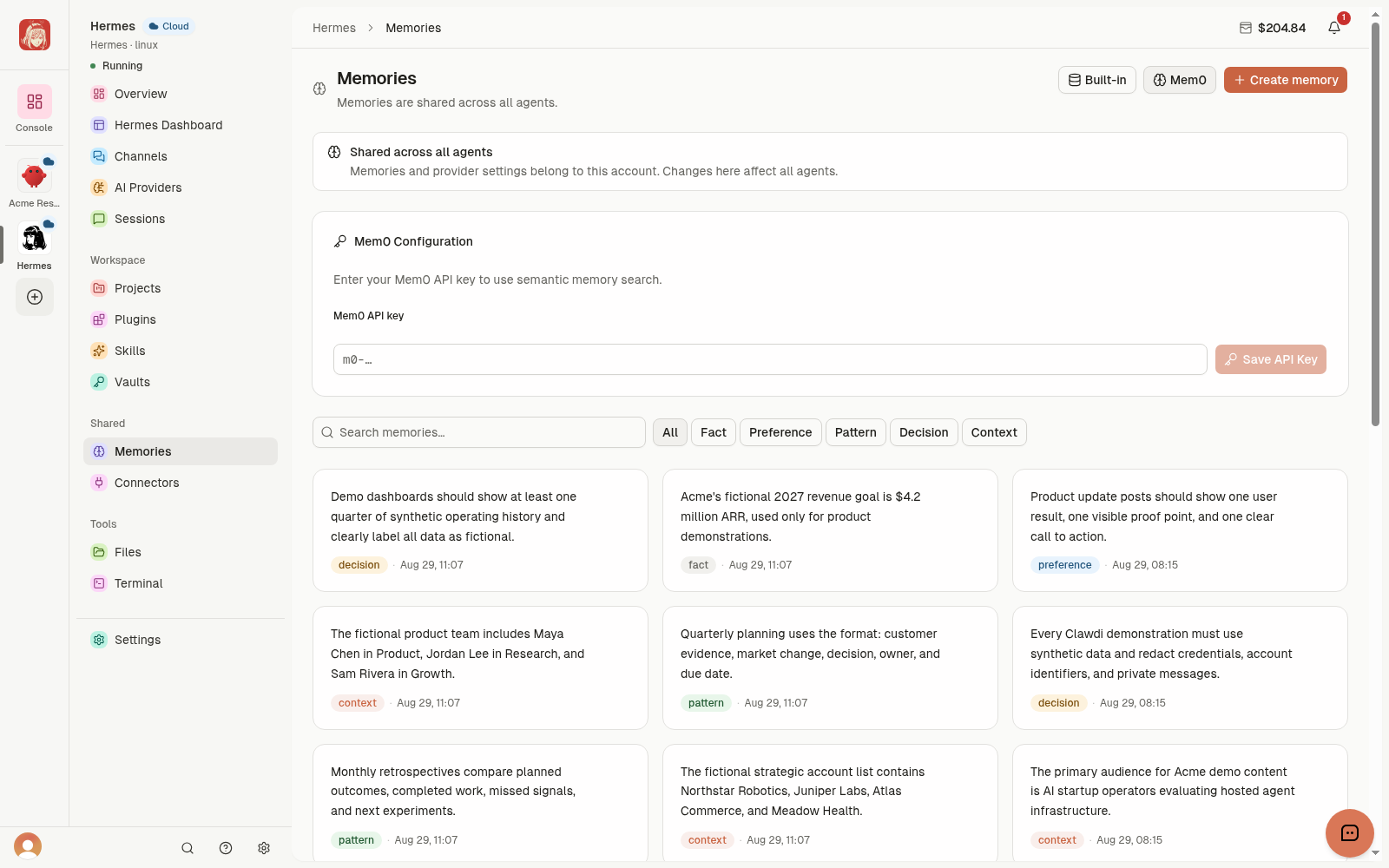 Agent Memories with Create memory, search, categories, and synthetic saved context.