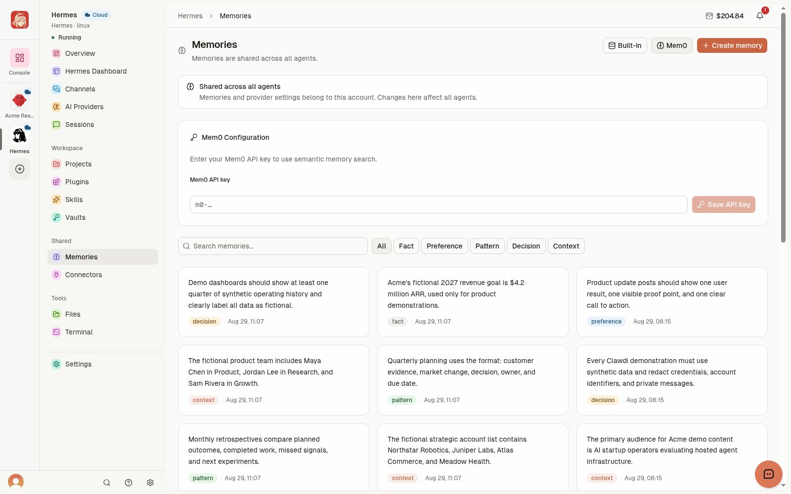 Agent Memories with Create memory, search, categories, and synthetic saved context.