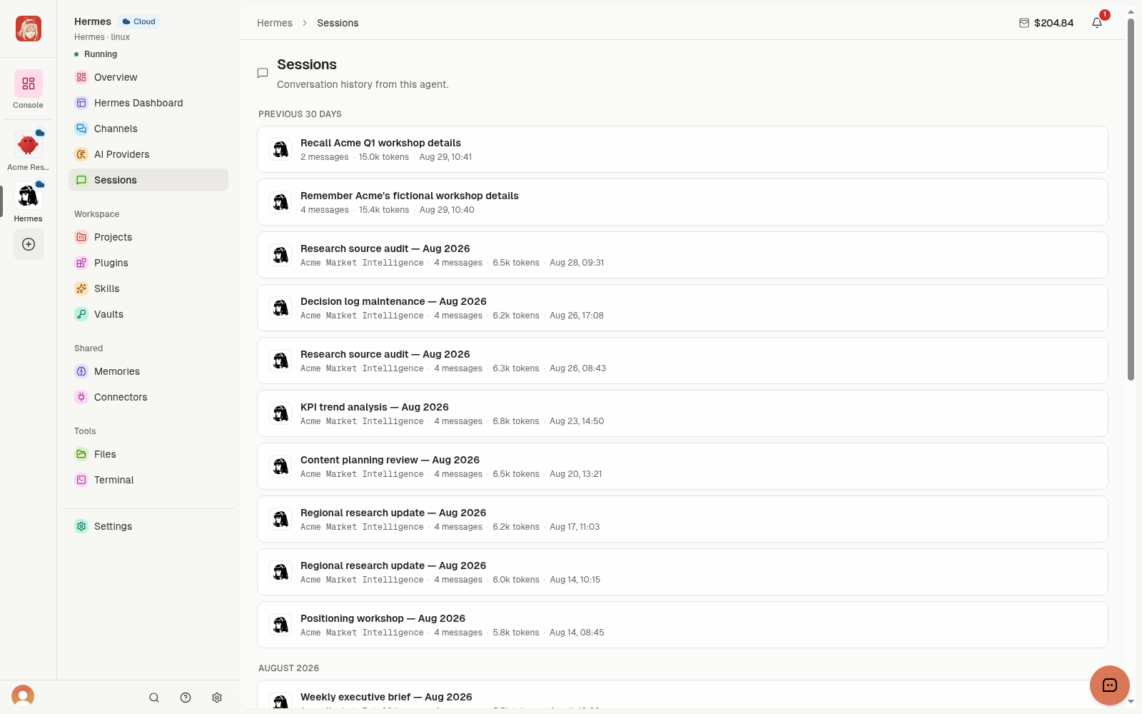 Hermes Sessions list with synthetic conversation titles and dates.