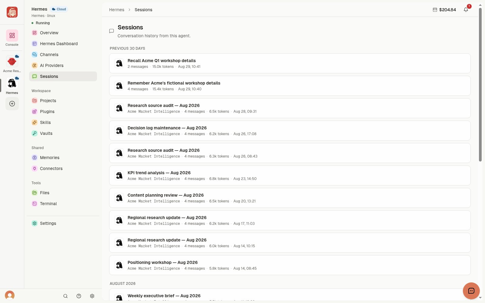 Hermes Sessions list with synthetic conversation titles and dates.
