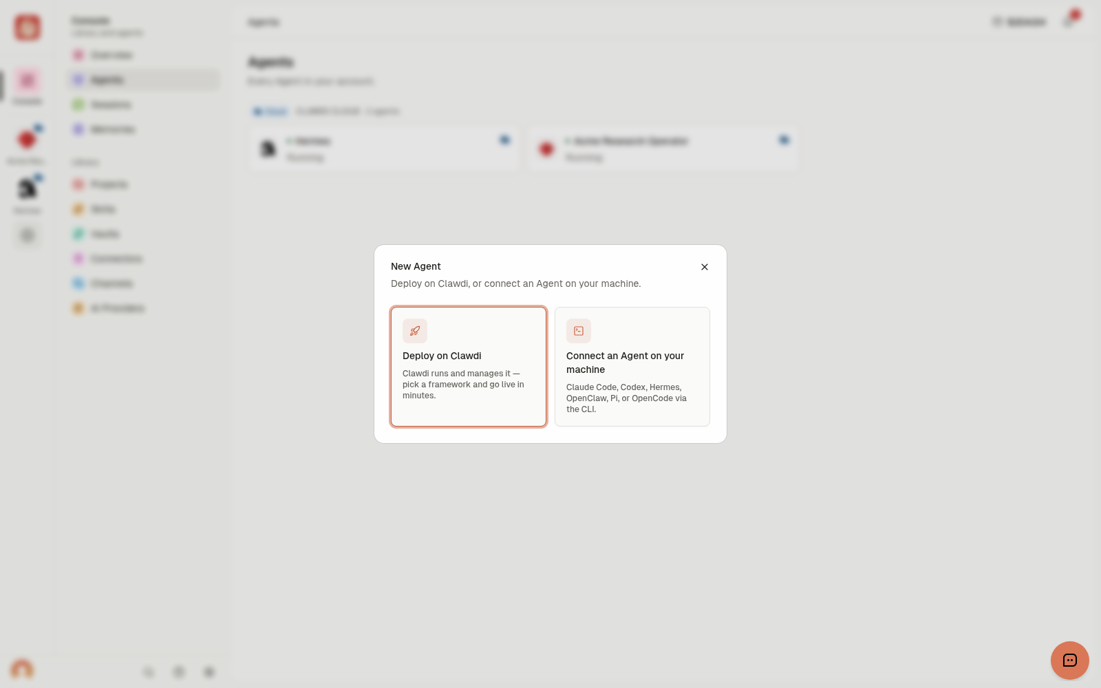 New Agent dialog with cloud deployment and local connection choices.
