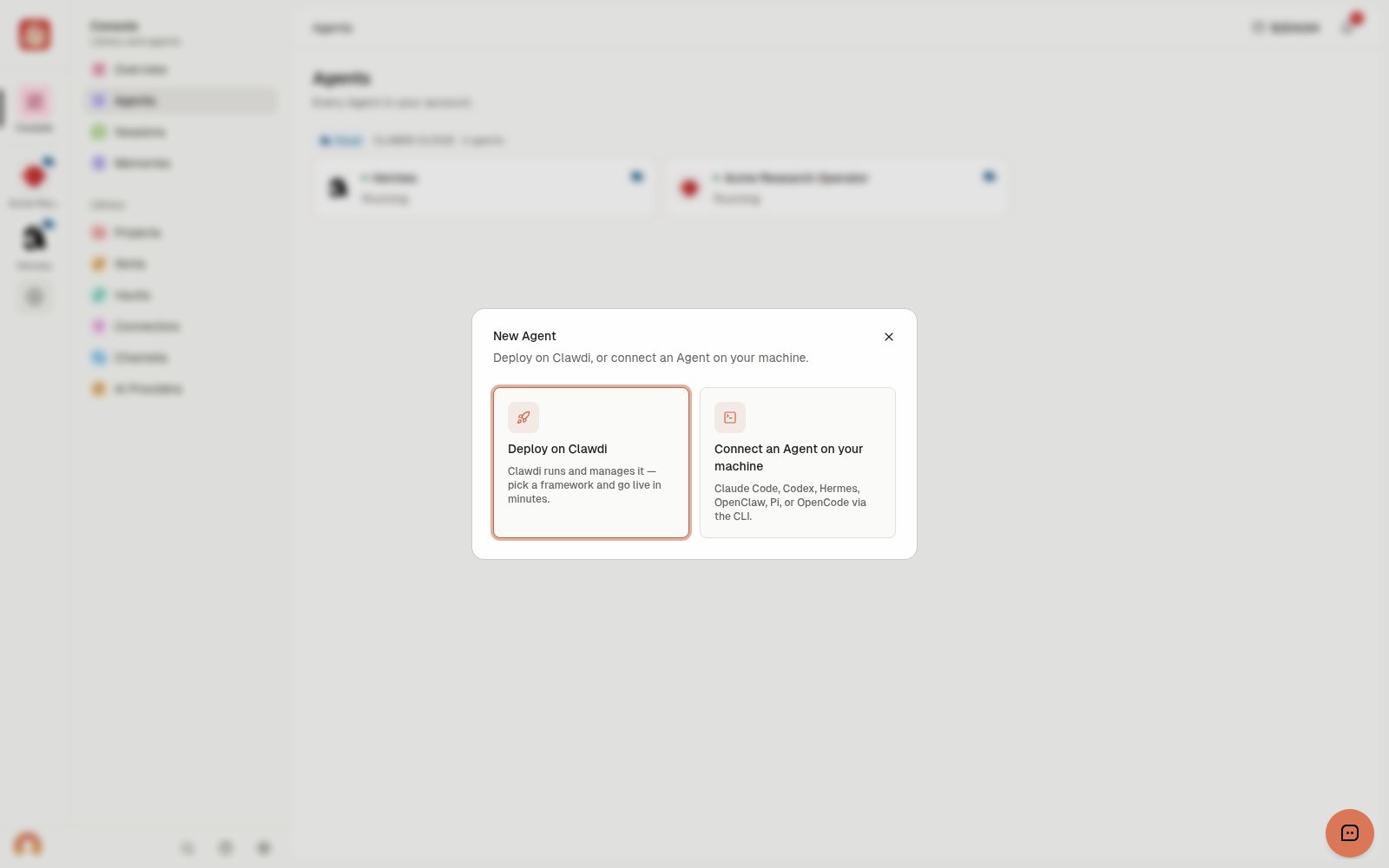 New Agent dialog with cloud deployment and local connection choices.