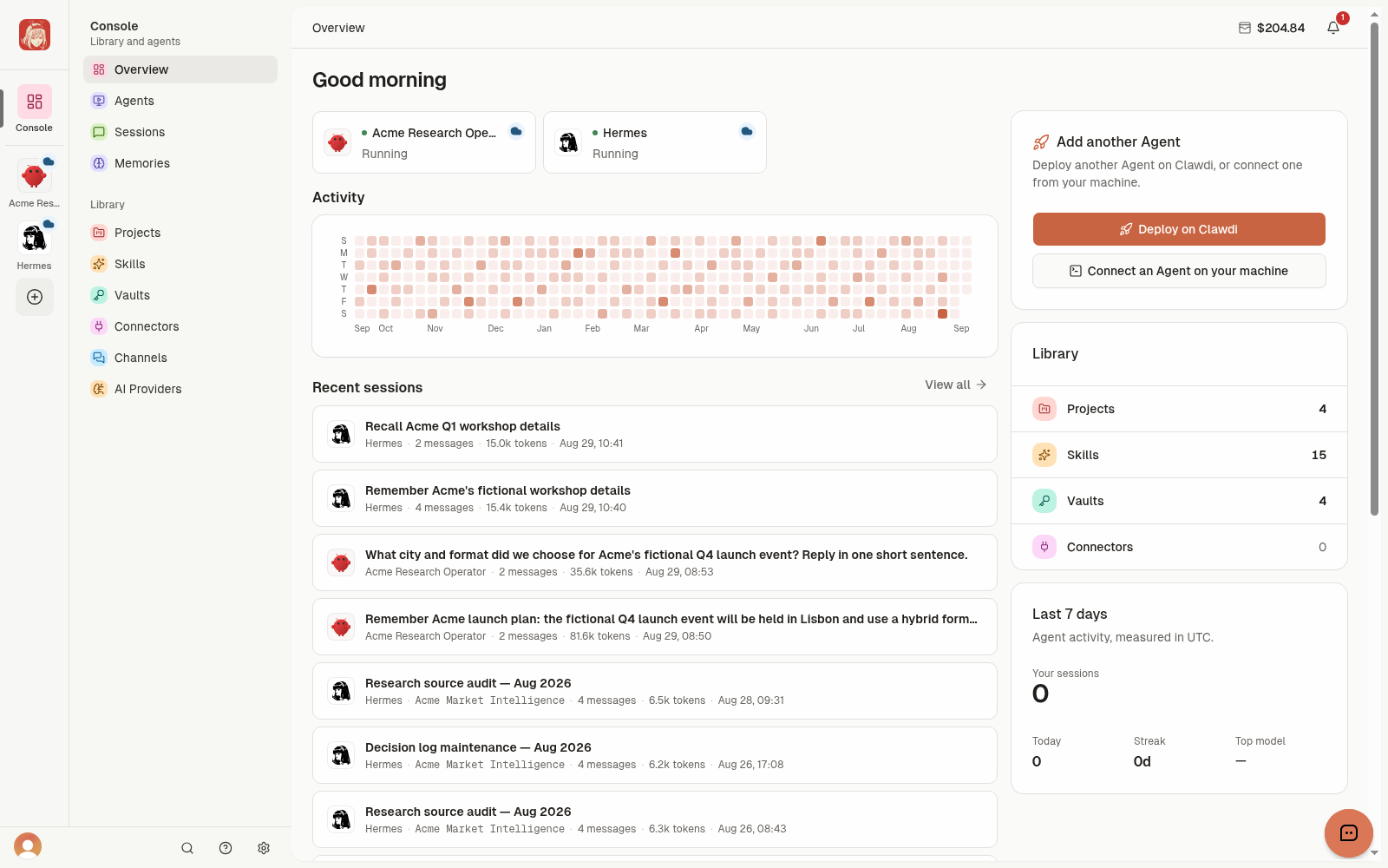 Clawdi Overview with demo Cloud Agents, Library resources, and recent Sessions.