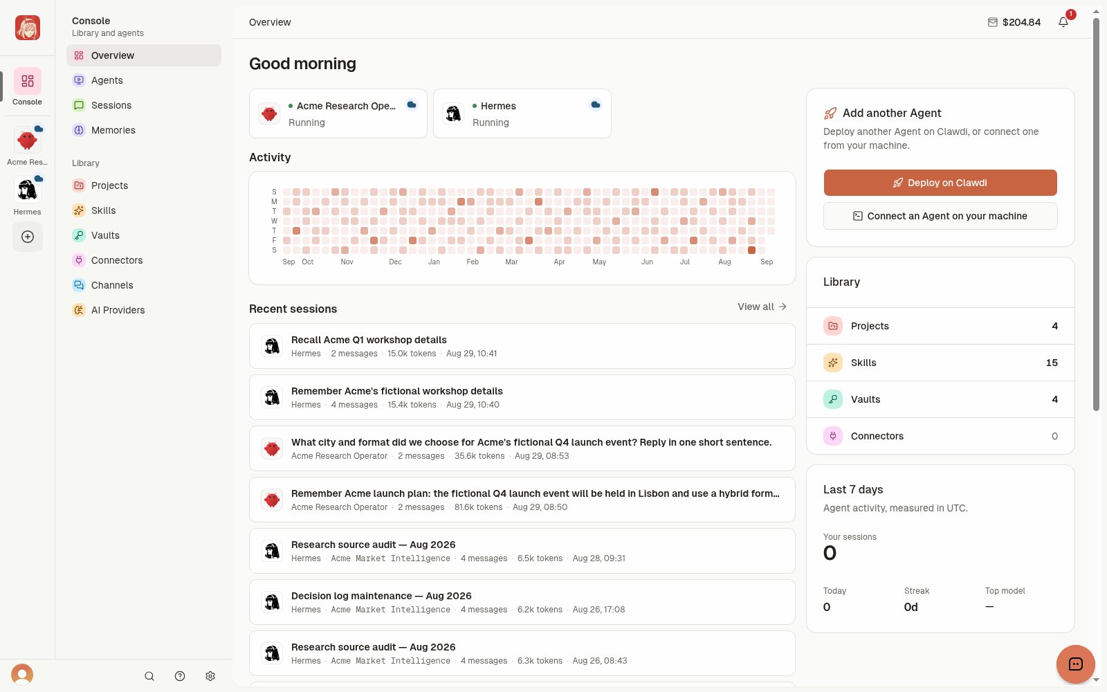 Clawdi Overview with demo Cloud Agents, Library resources, and recent Sessions.