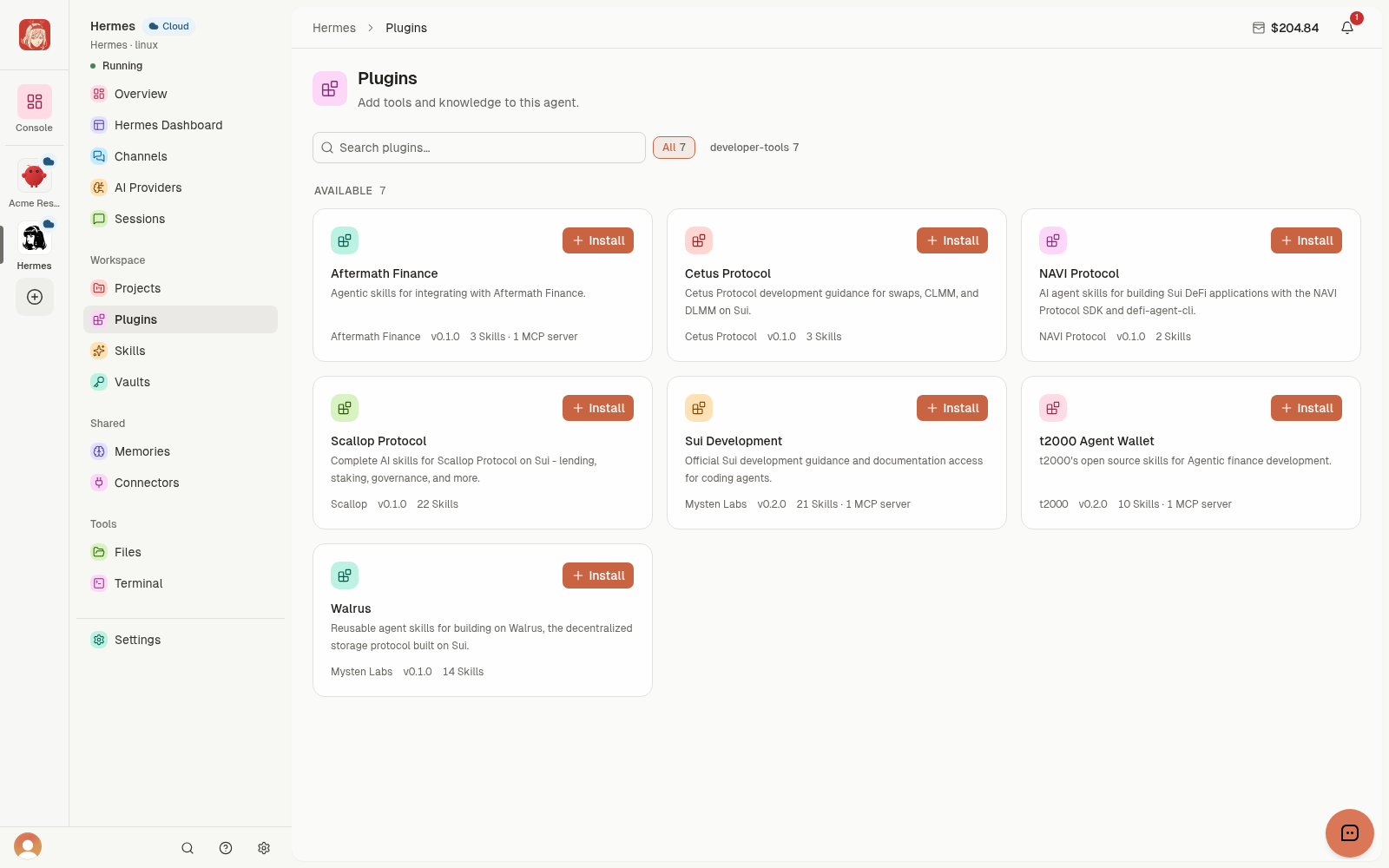 Cloud Agent Plugins catalog with package descriptions and Install actions.
