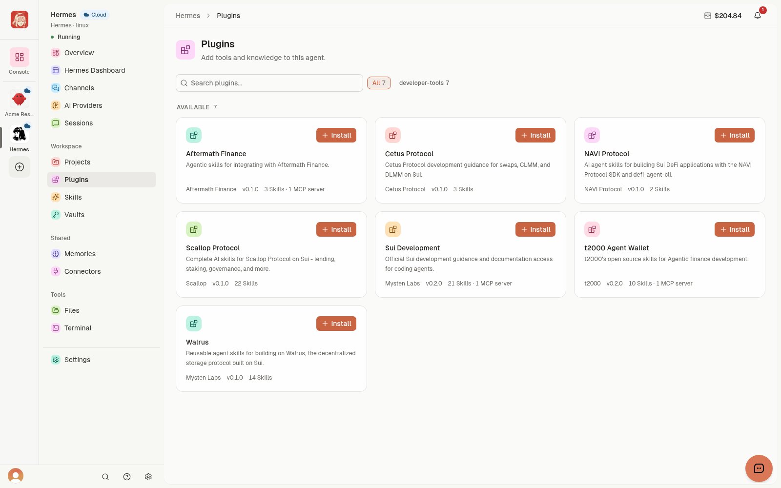 Cloud Agent Plugins catalog with package descriptions and Install actions.