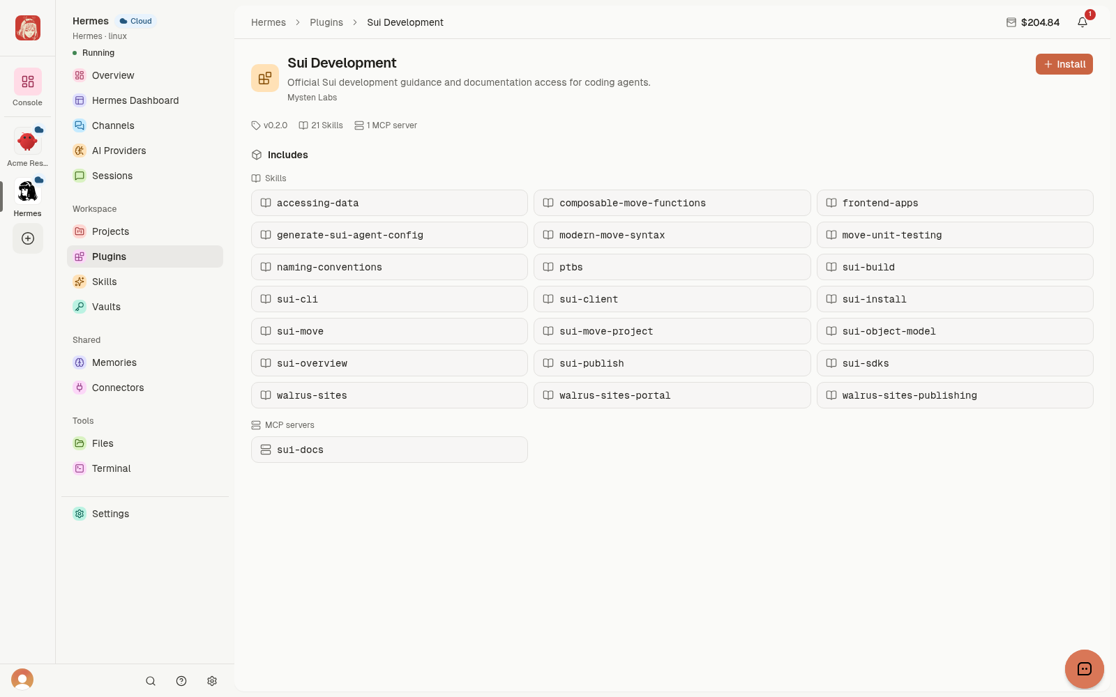 Sui Development Plugin details with publisher, version, included Skills, MCP server, and Install action.