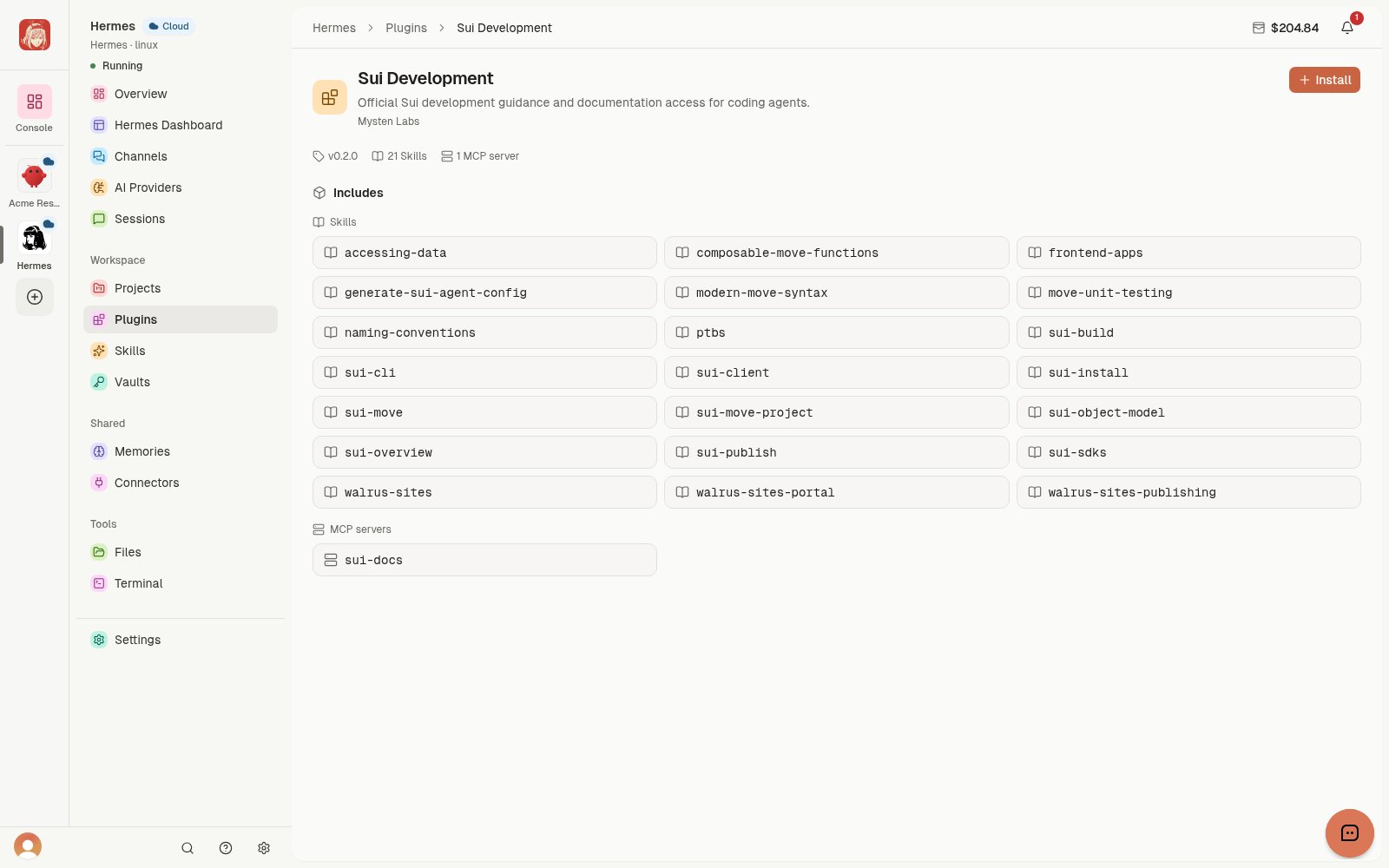 Sui Development Plugin details with publisher, version, included Skills, MCP server, and Install action.