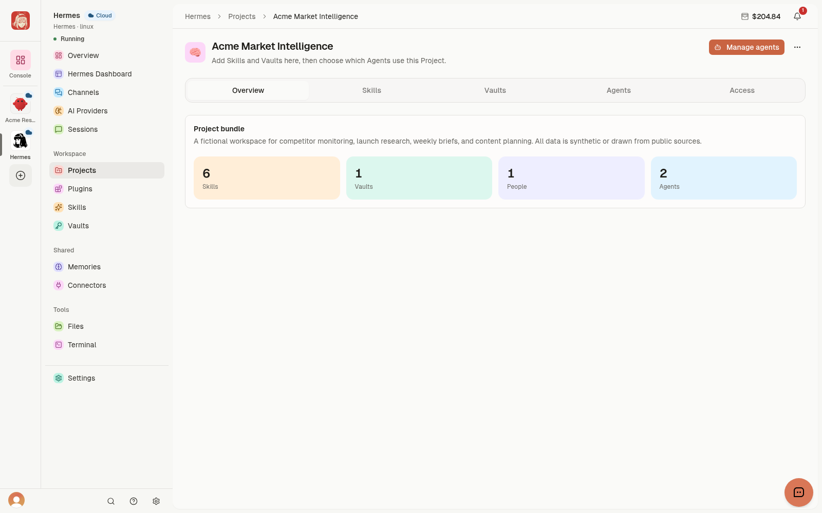Demo Project overview with Skills, Vaults, Agents, and Access tabs.