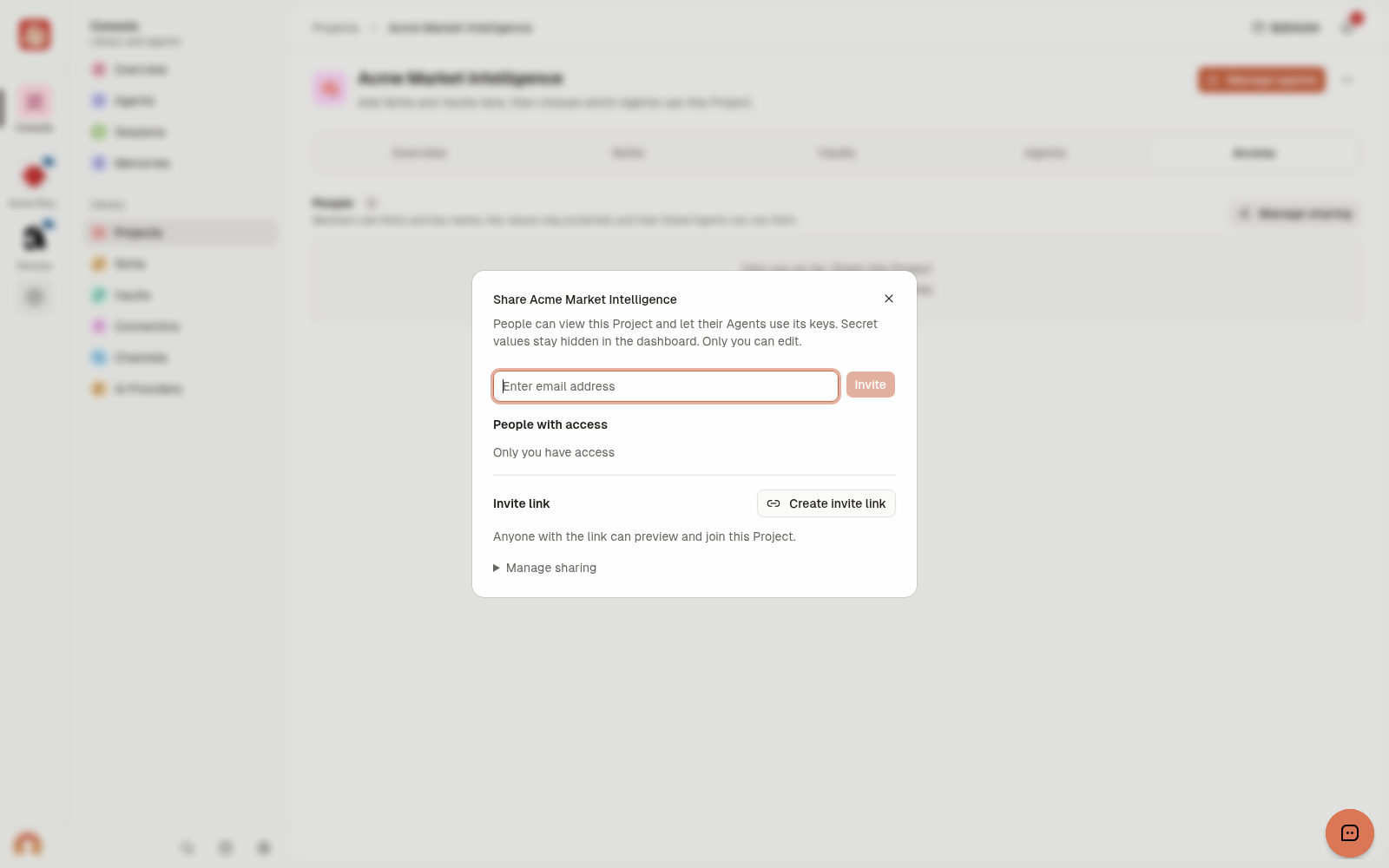 Project sharing dialog with an empty email field, Invite, People with access, and Create invite link.