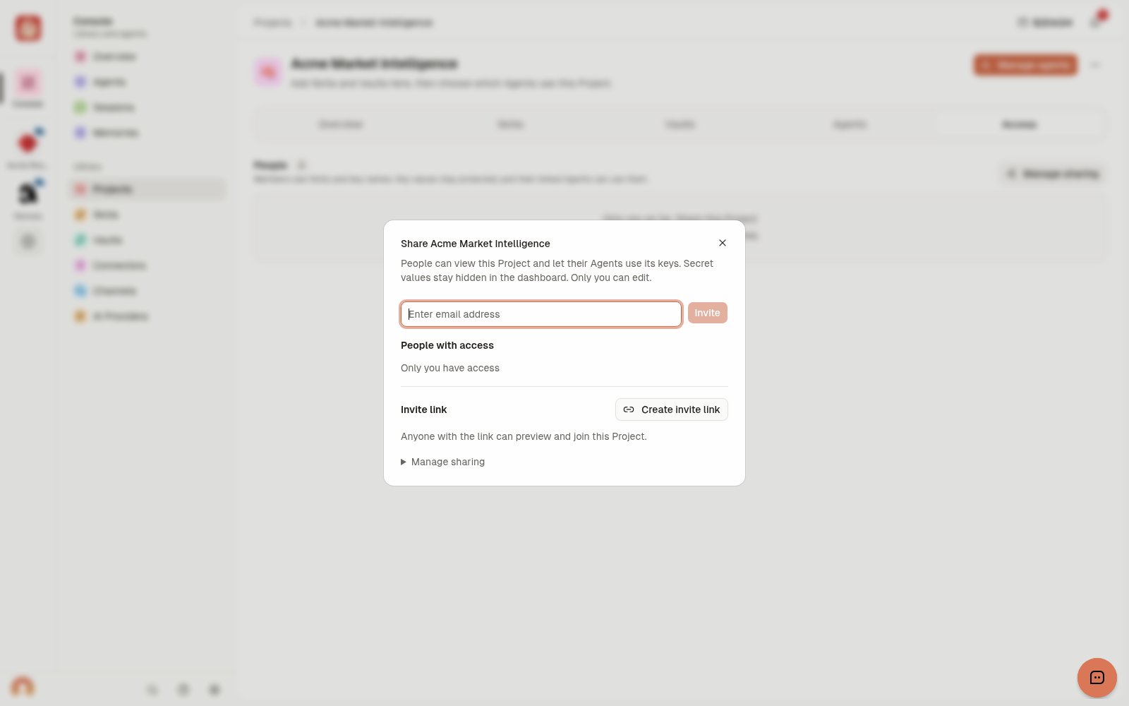 Project sharing dialog with an empty email field, Invite, People with access, and Create invite link.