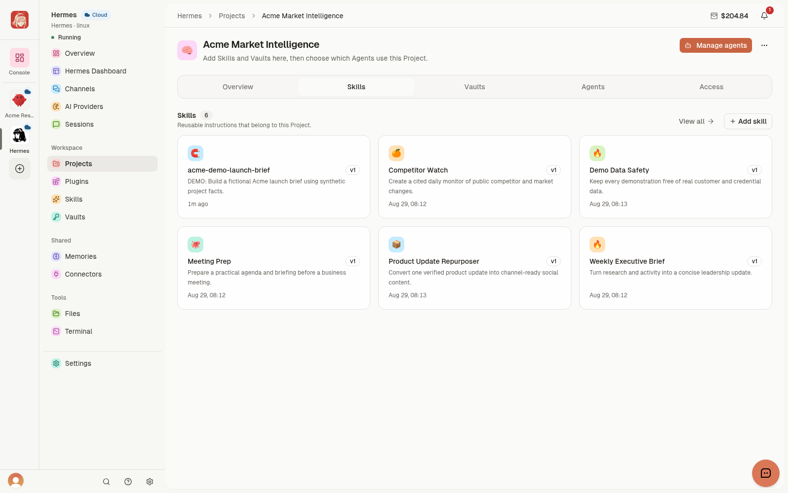 Project Skills tab with reusable demo instructions and the Add skill action.