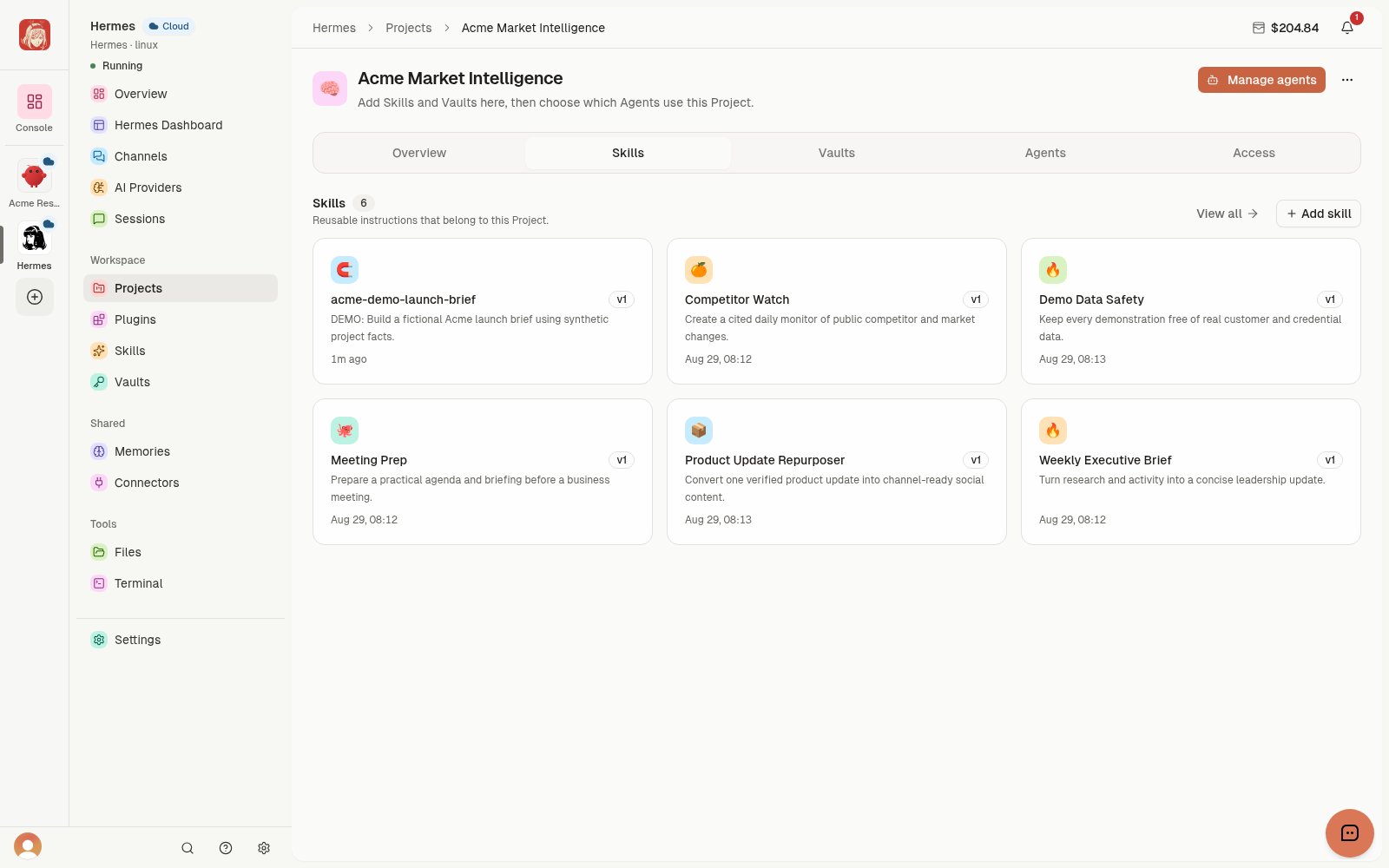 Project Skills tab with reusable demo instructions and the Add skill action.