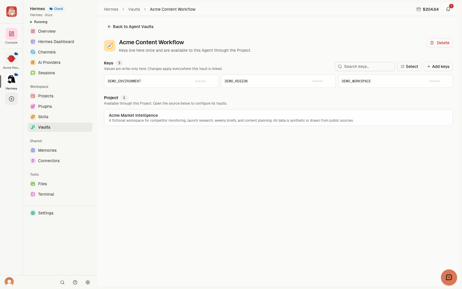 Demo Vault with DEMO_ENVIRONMENT, DEMO_REGION, and DEMO_WORKSPACE and masked values.