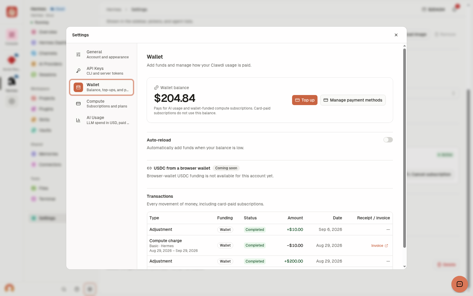 Wallet settings with balance, top-up controls, and transaction funding and status columns.