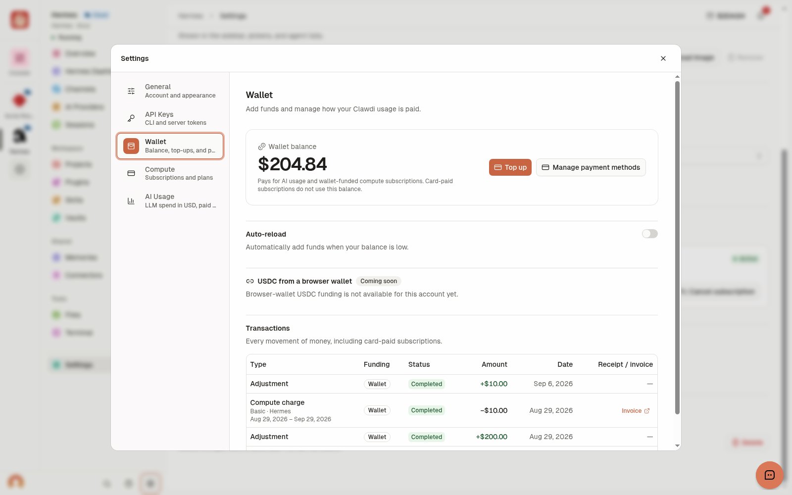 Wallet settings with balance, top-up controls, and transaction funding and status columns.