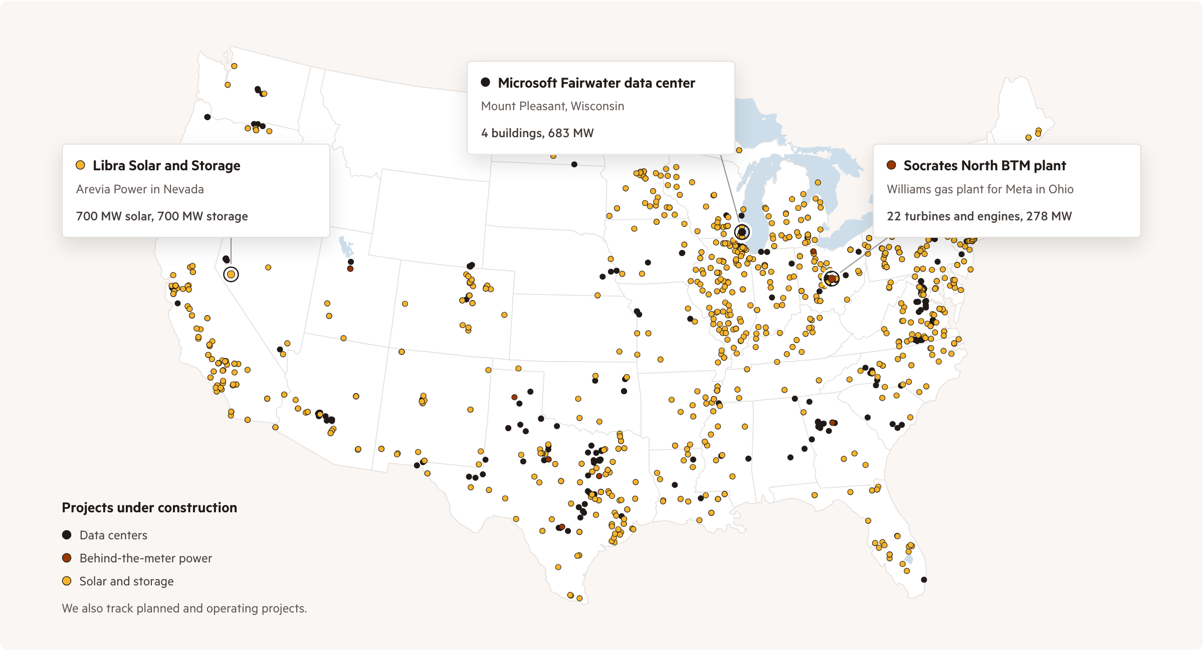 Map of every data center, behind-the-meter power plant and solar and storage project under construction in the US that Cleanview tracks