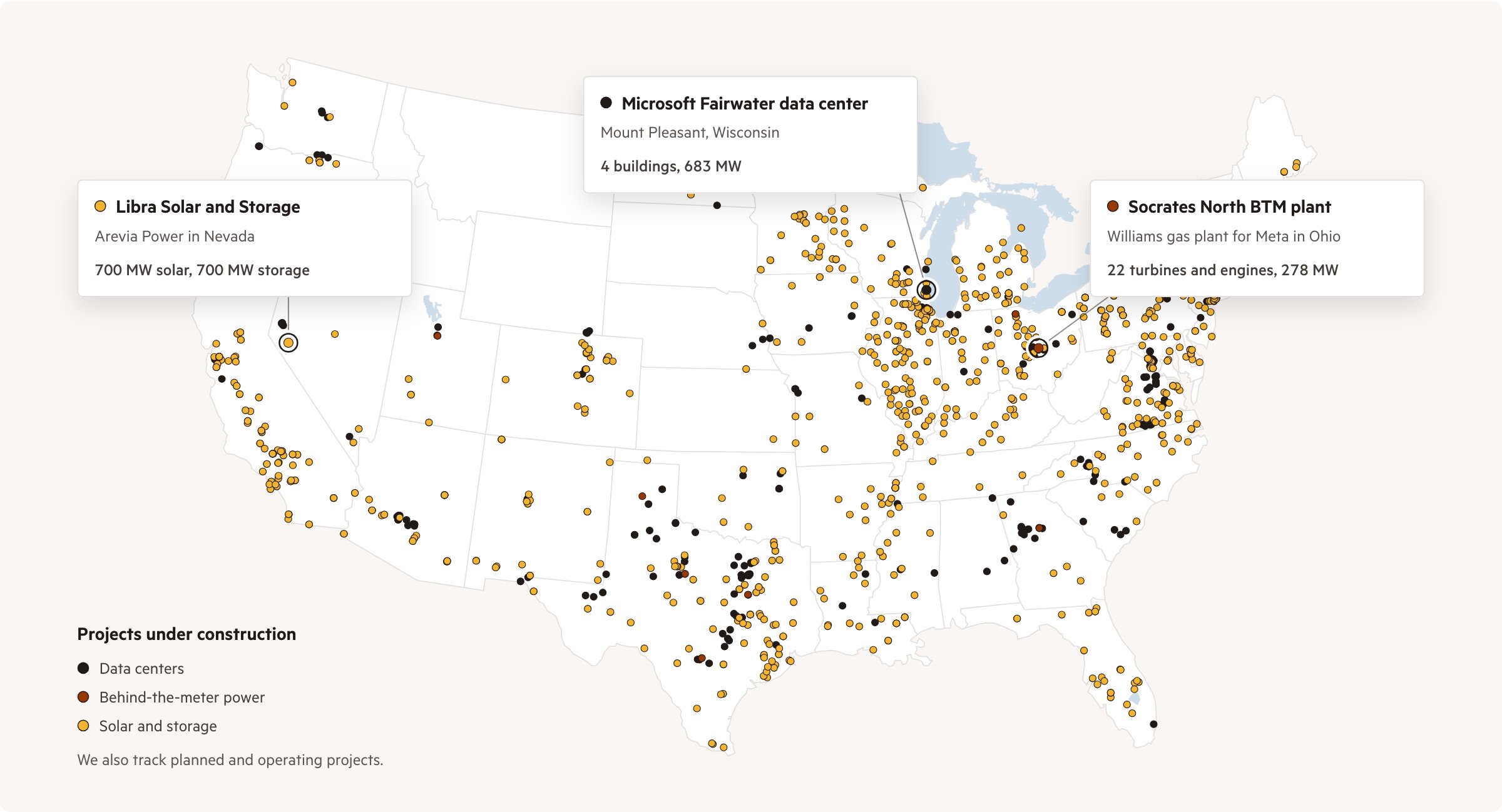 Map of every data center, behind-the-meter power plant and solar and storage project under construction in the US that Cleanview tracks