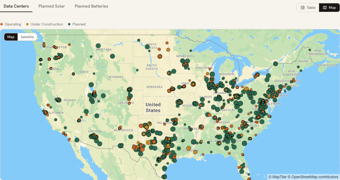 Map of data centers and power projects tracked by Cleanview