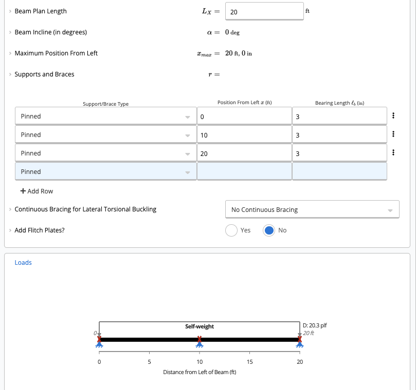 Wood beam sheet showing Beam Plan Length set to 20 ft with pinned supports at 0, 10, and 20 ft