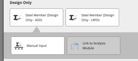 Add New Calculation flow showing Manual Input and Link to Analysis Module preset options under a Steel Member (Design Only) calculator