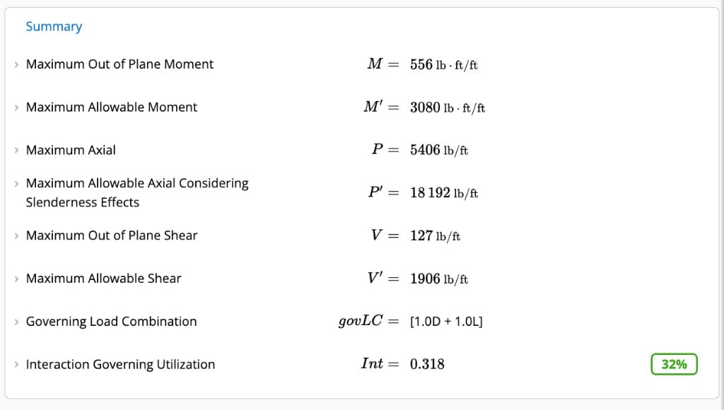 Summary panel showing maximum moment, axial, shear, load combination, and interaction utilization