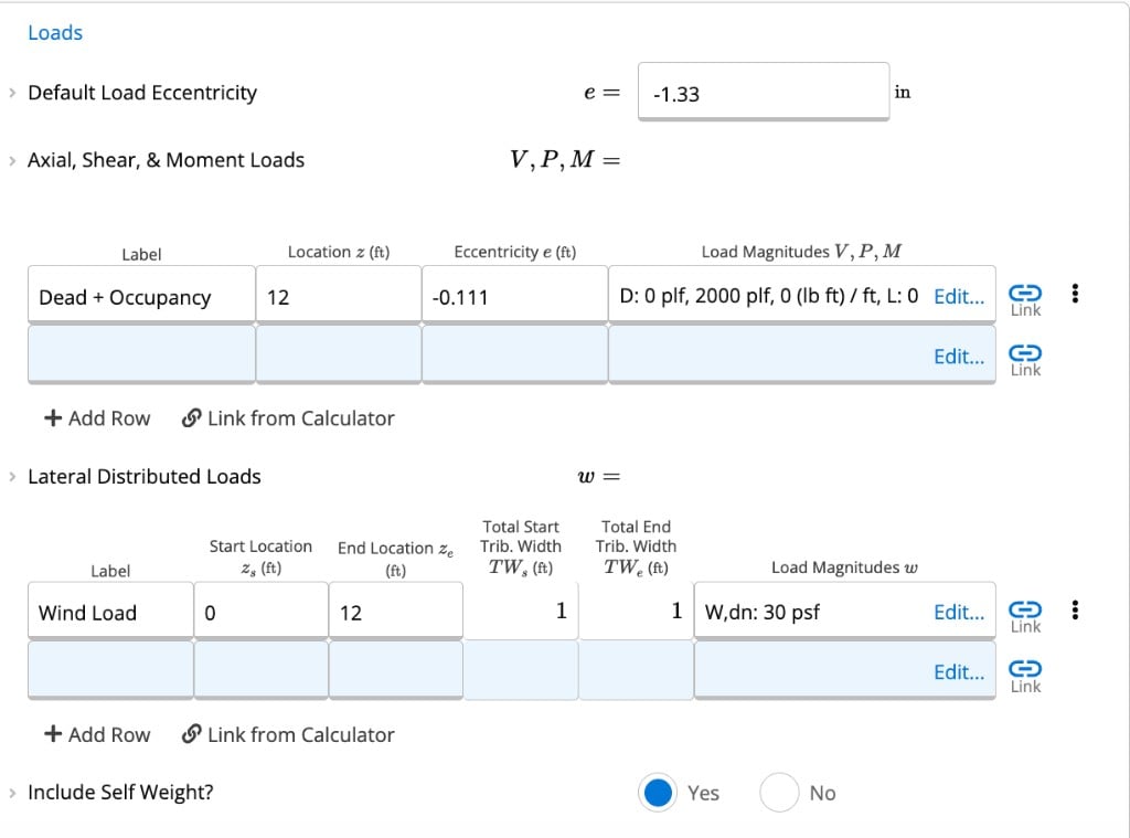 Loads inputs showing default eccentricity, axial/shear/moment load table, lateral distributed loads, and self-weight toggle