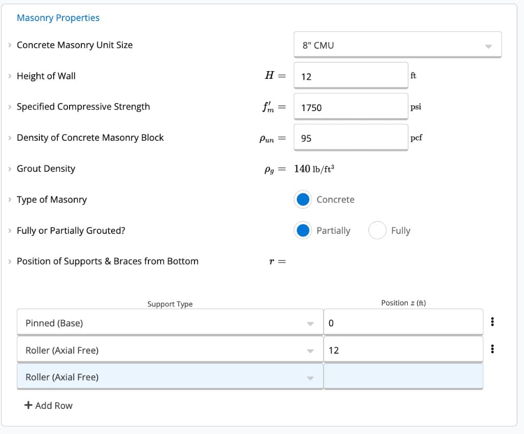 Masonry Properties inputs showing CMU size, wall height, compressive strength, grout type, and support positions