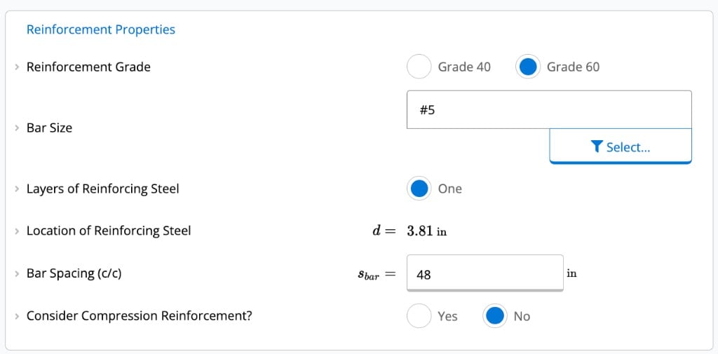 Reinforcement Properties inputs showing bar grade, size, spacing, and compression reinforcement option