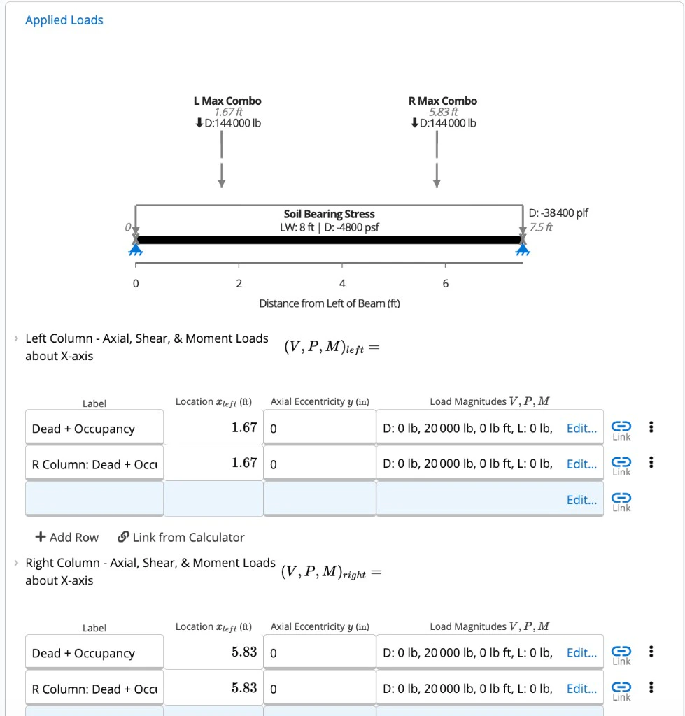 Applied Loads section showing the beam load diagram and column load tables for left and right columns
