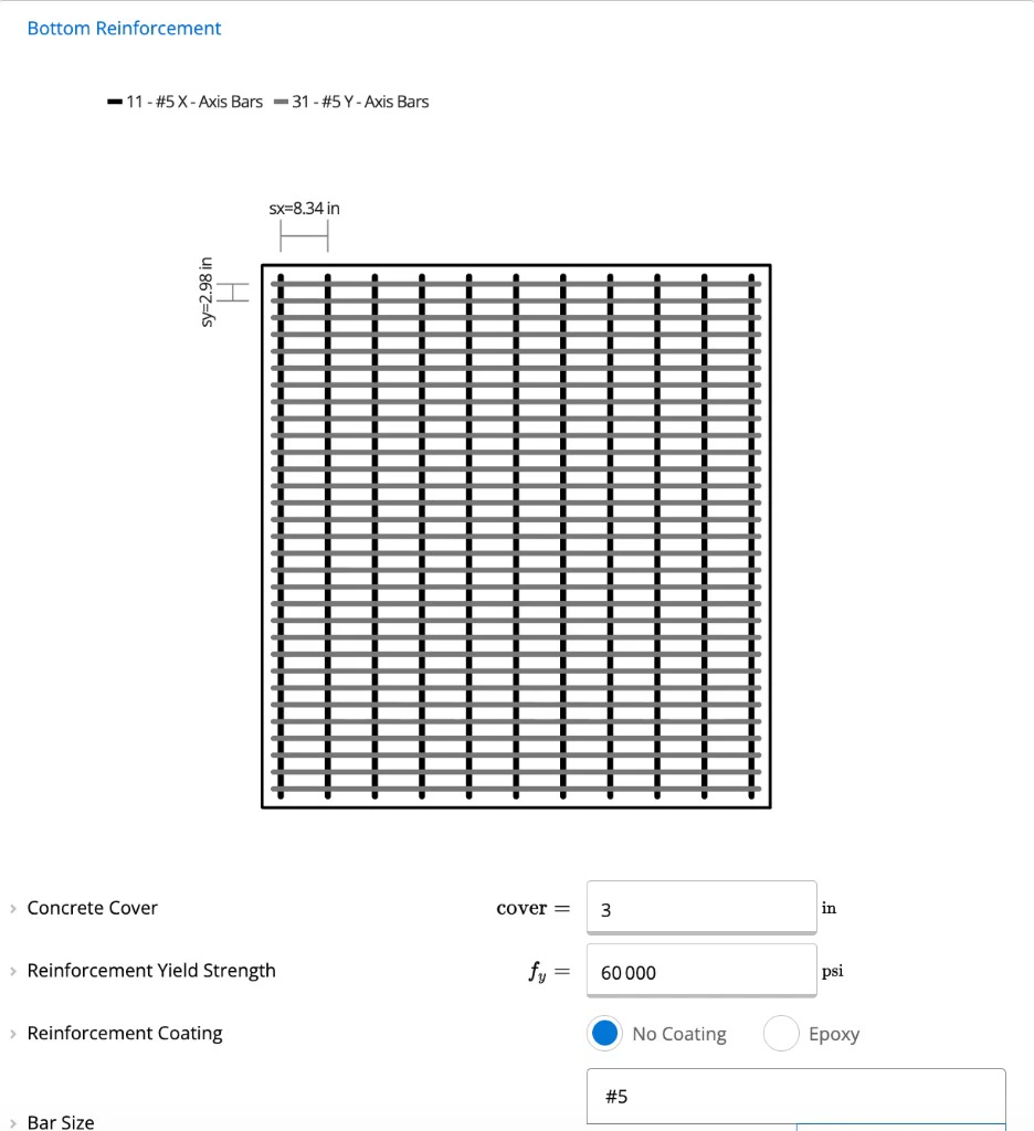 Bottom Reinforcement inputs showing bar layout, spacing, cover, and bar size