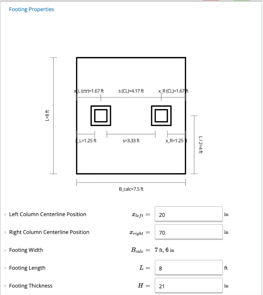 Footing Properties inputs showing plan dimensions, column centerline positions, and footing size