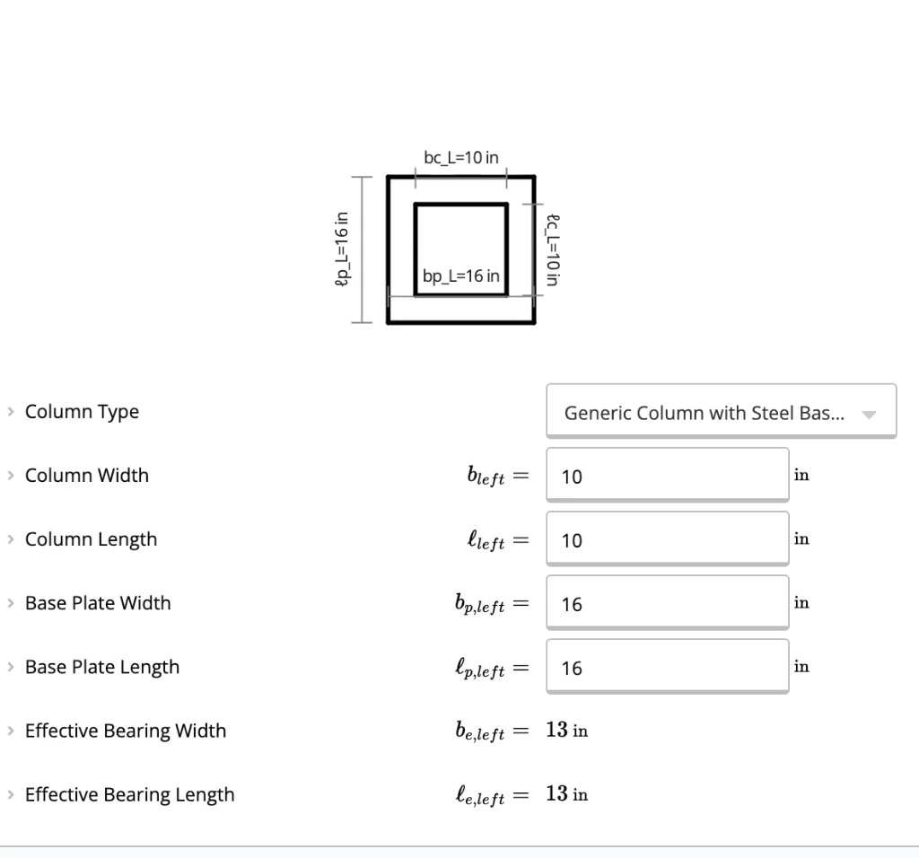Left column inputs showing column size, base plate dimensions, and effective bearing area