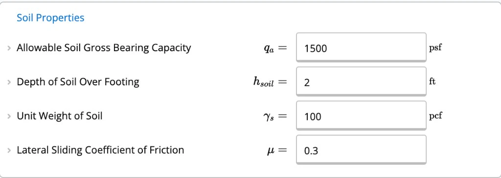 Soil Properties inputs showing allowable bearing capacity, soil depth, unit weight, and friction coefficient