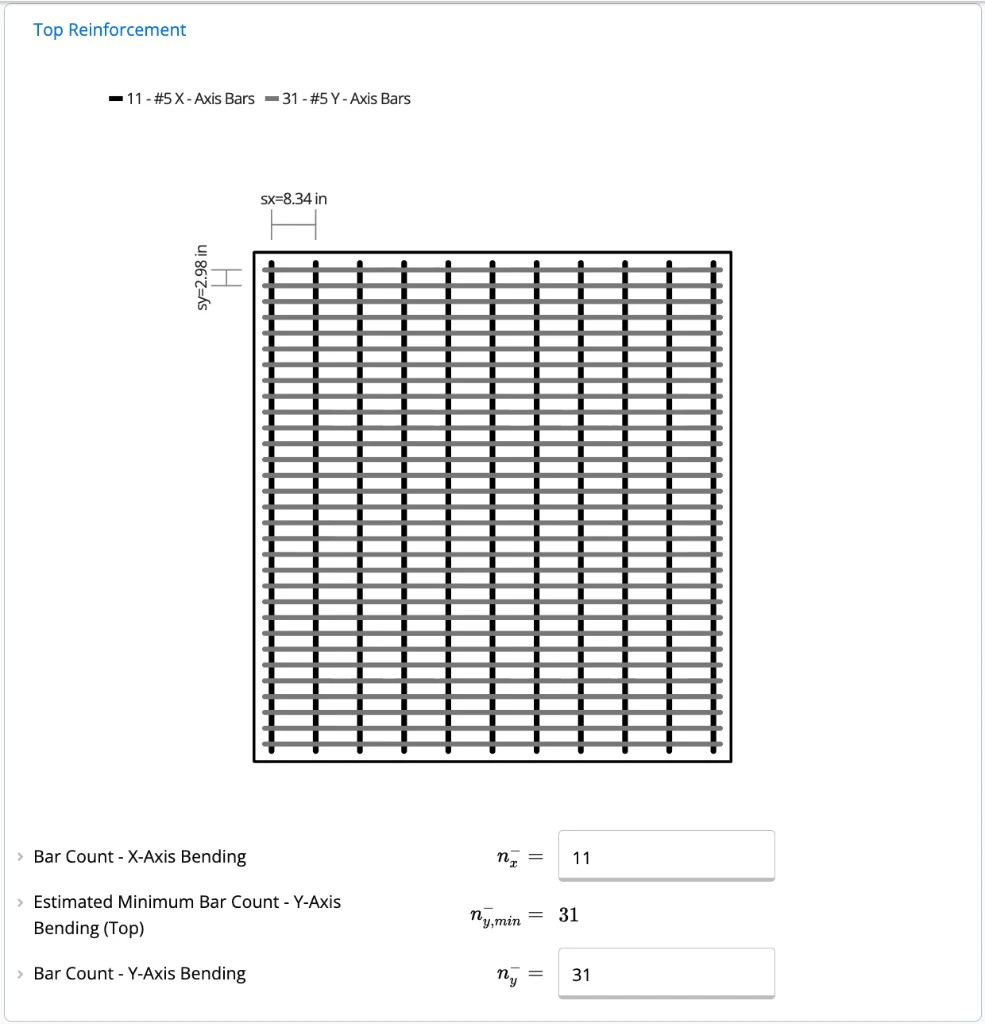 Top Reinforcement inputs showing bar counts and spacing for negative bending between columns