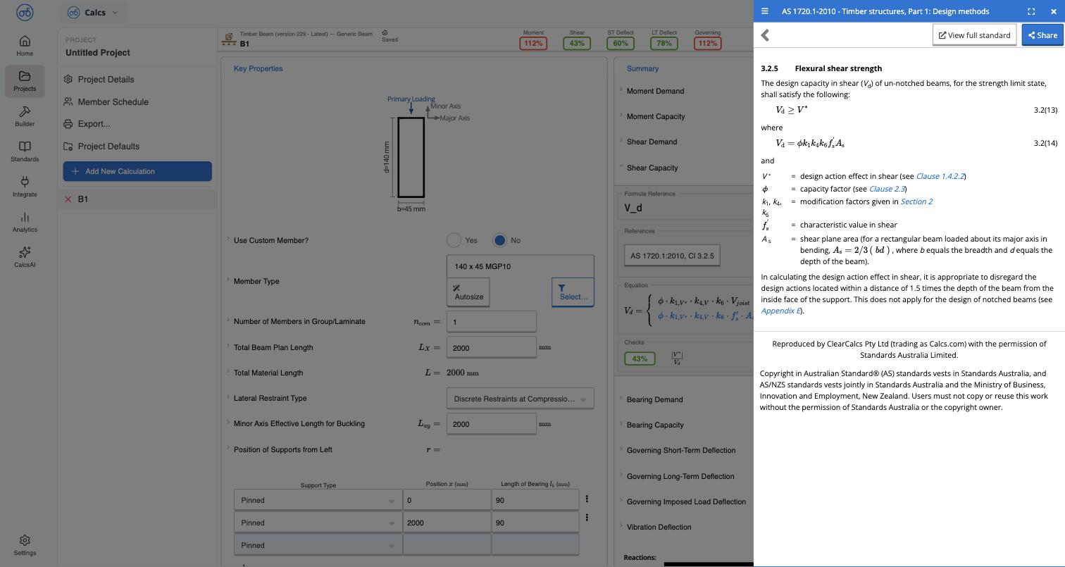 Clause side panel opened from a calculator result, showing clause text, equation, defined variables, and a Share button