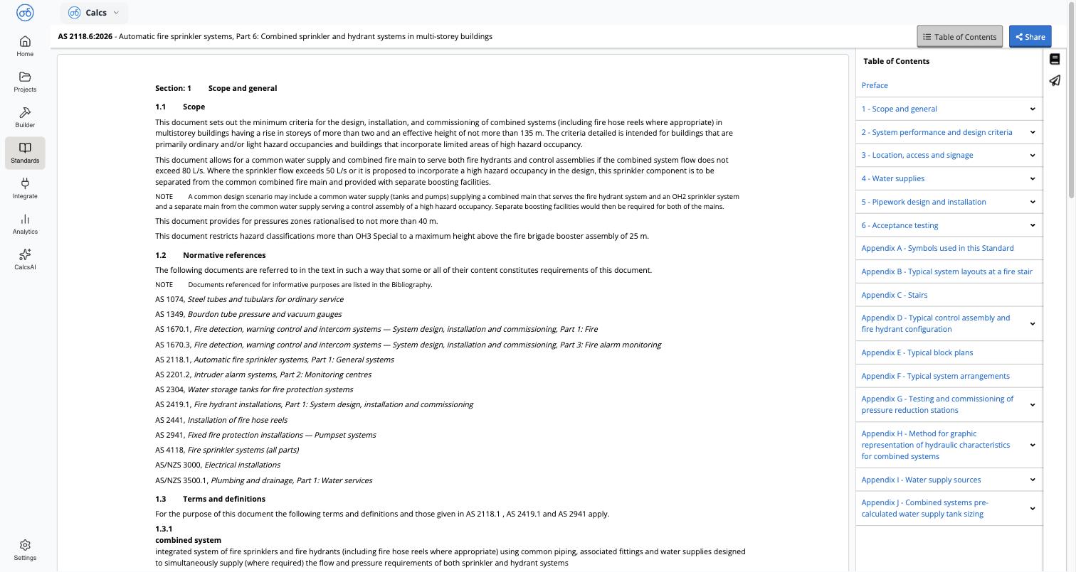 Clause viewer showing clause text, equations, and a collapsible Table of Contents panel on the right