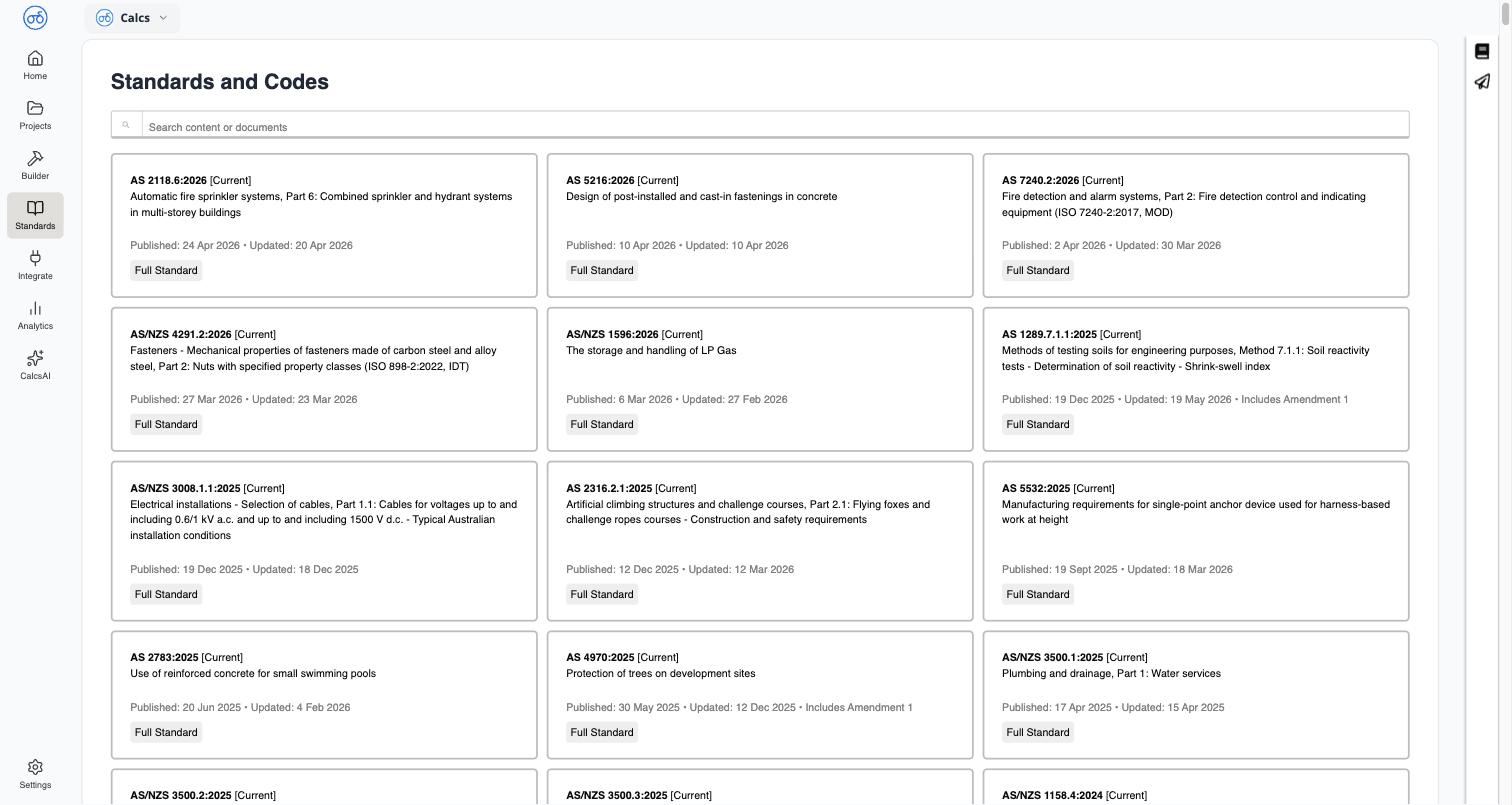 Standards and Codes landing page showing a grid of standard cards with designation, title, status badge, and Full Standard chip