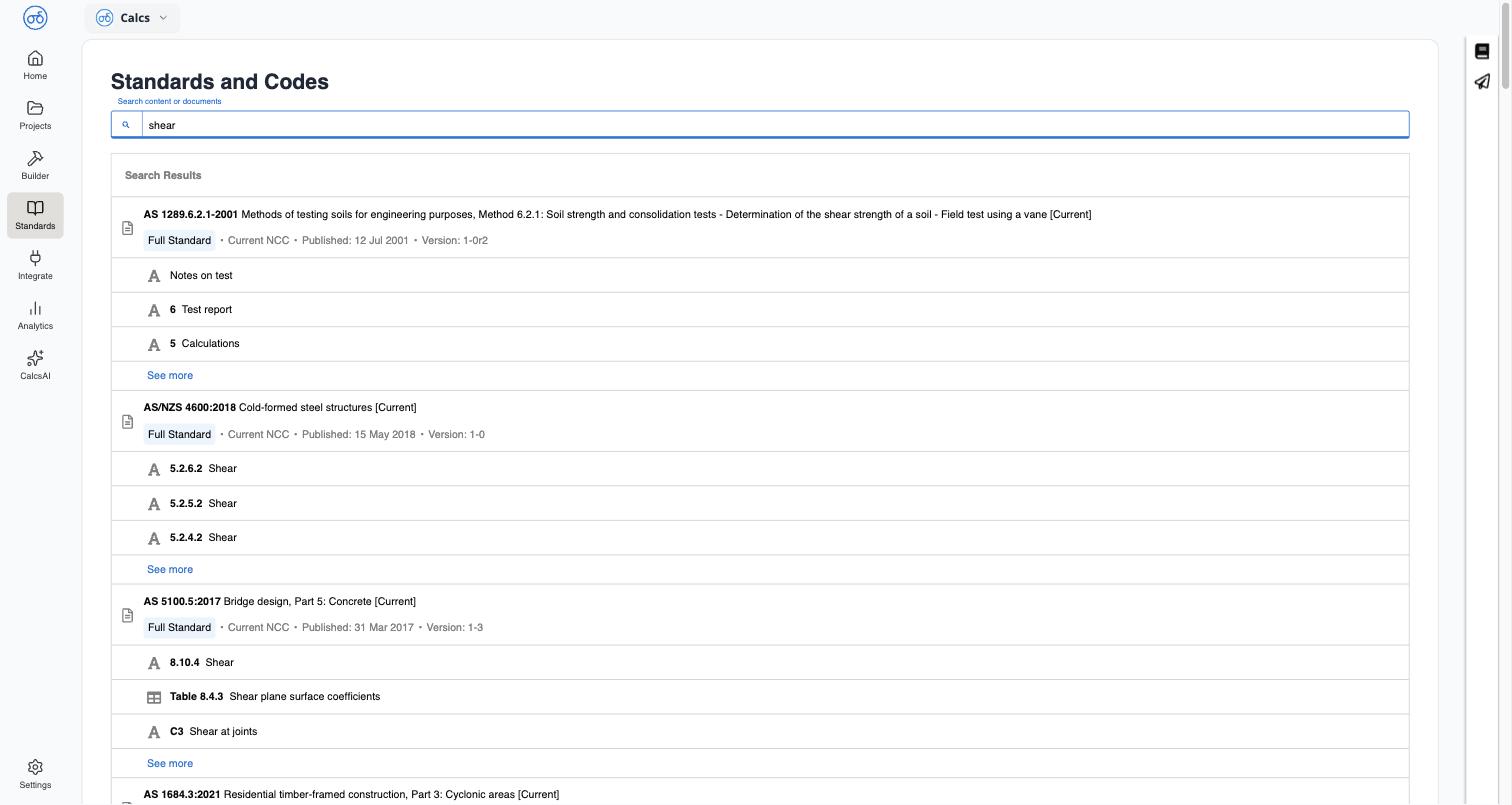 Search results grouped by standard, showing the top three matching clauses and a See more expander under each