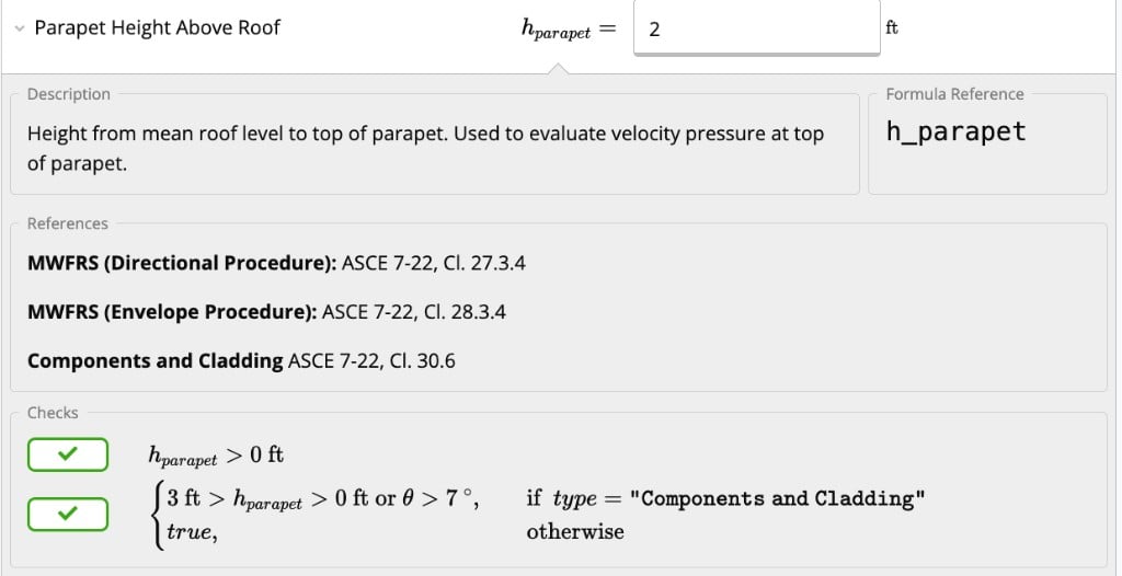 Parapet Height Above Roof input showing description, code references, and validation checks