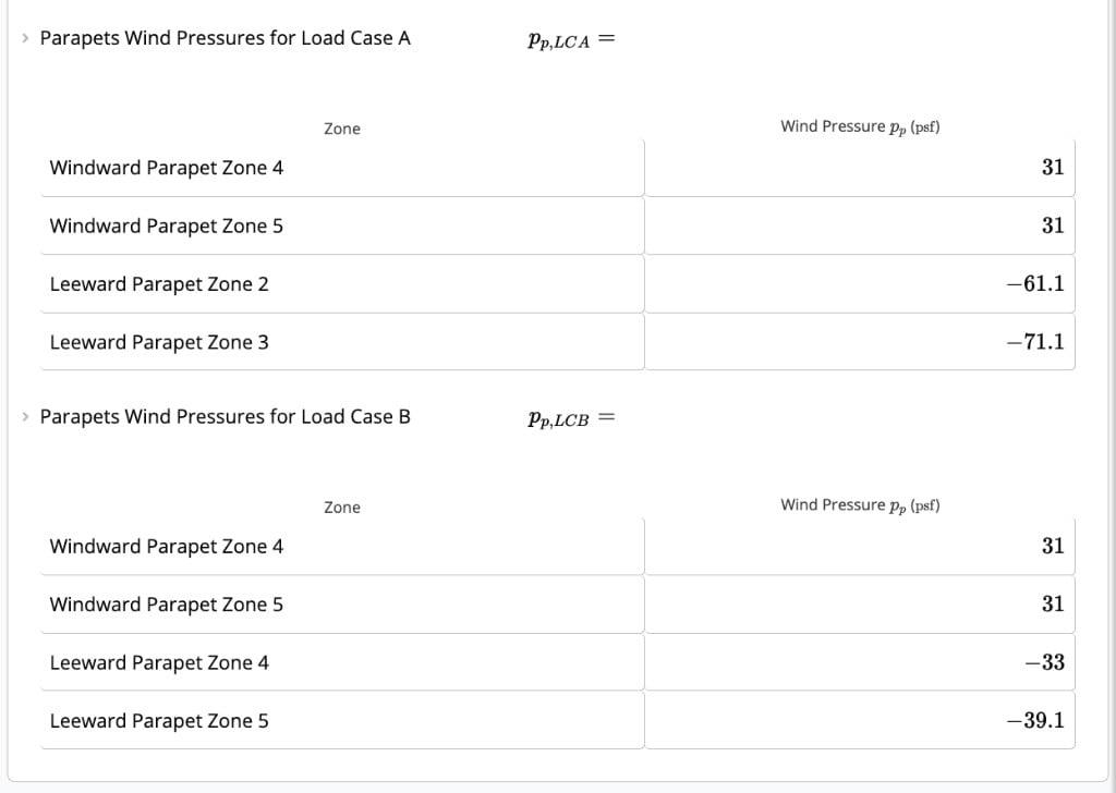 Parapets Wind Pressures for Load Case A and Load Case B summary tables
