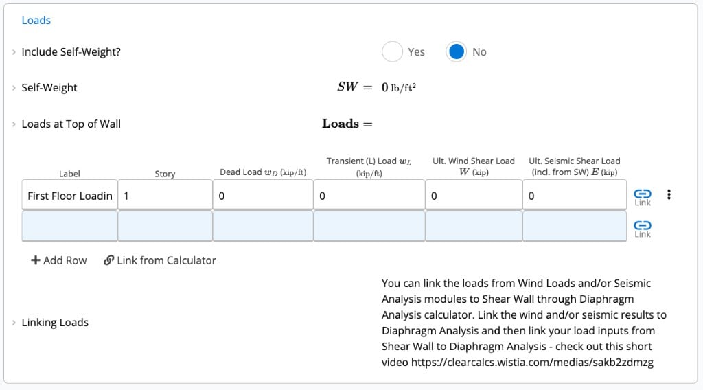 Loads inputs showing self-weight toggle, loads at top of wall table, and link-from-calculator options