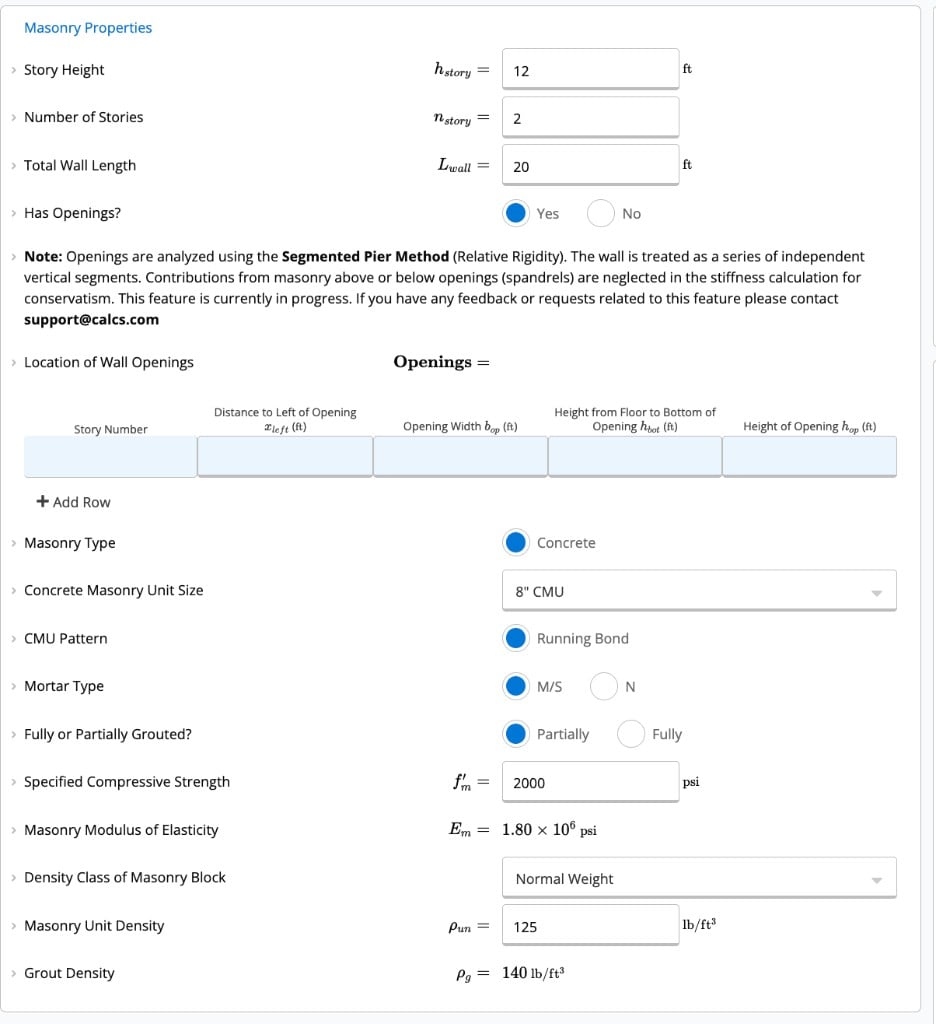 Masonry Properties inputs showing story height, wall length, CMU size, grout type, and material strengths